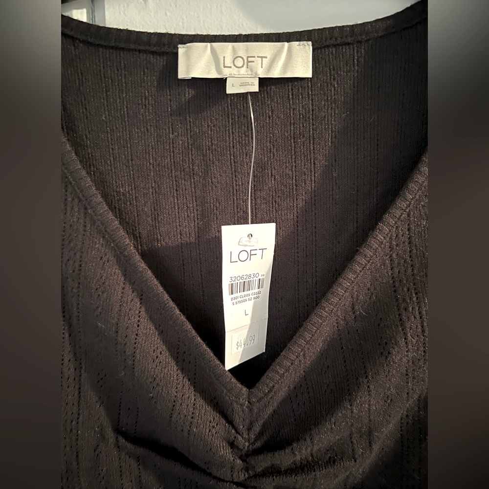 LOFT Black long sleeve v-neck,super soft Pointelle Knit top,Size Large, NWT - Picture 2 of 5